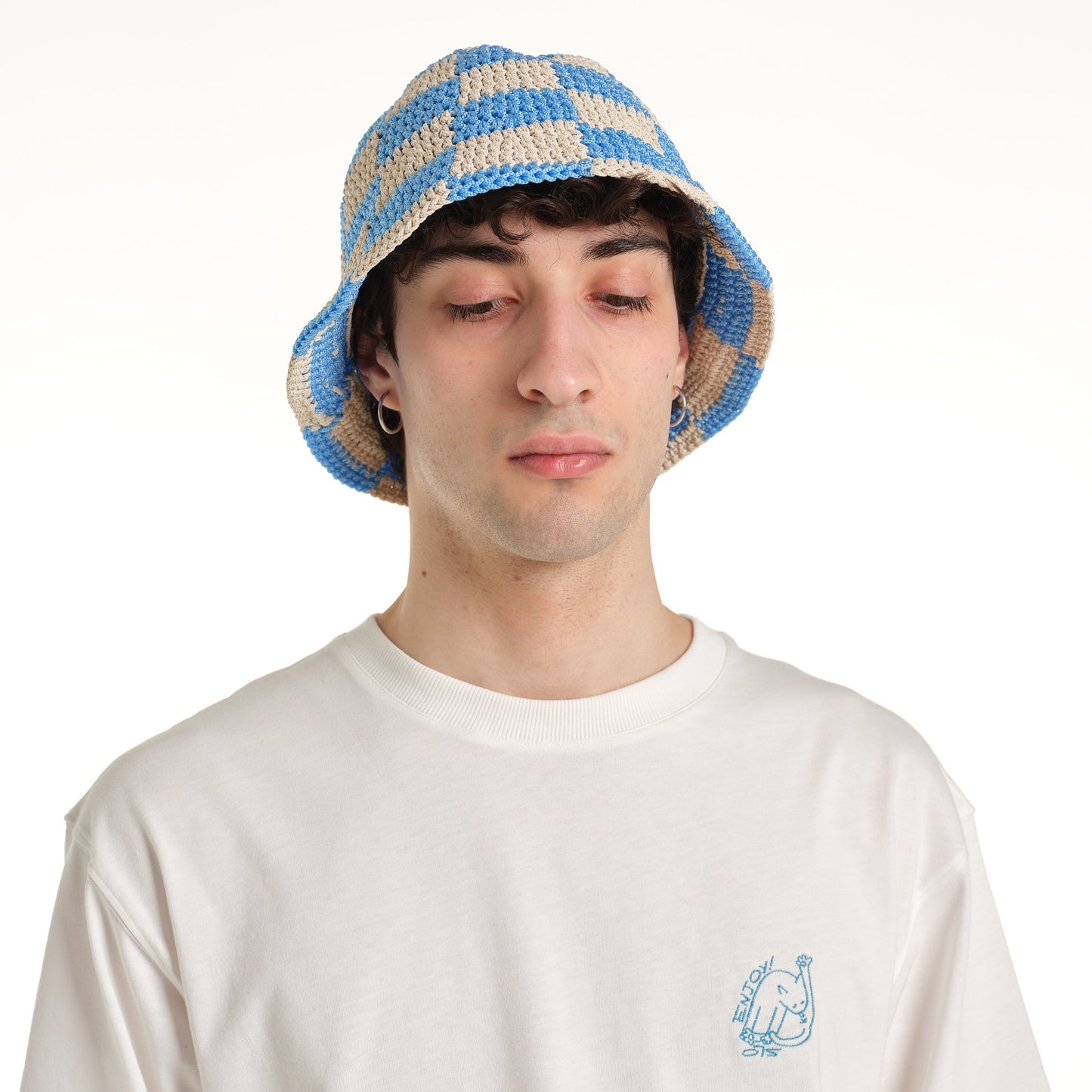 CHECKERED BUCKET HAT CROCHET LIGHT BLU-CREAM