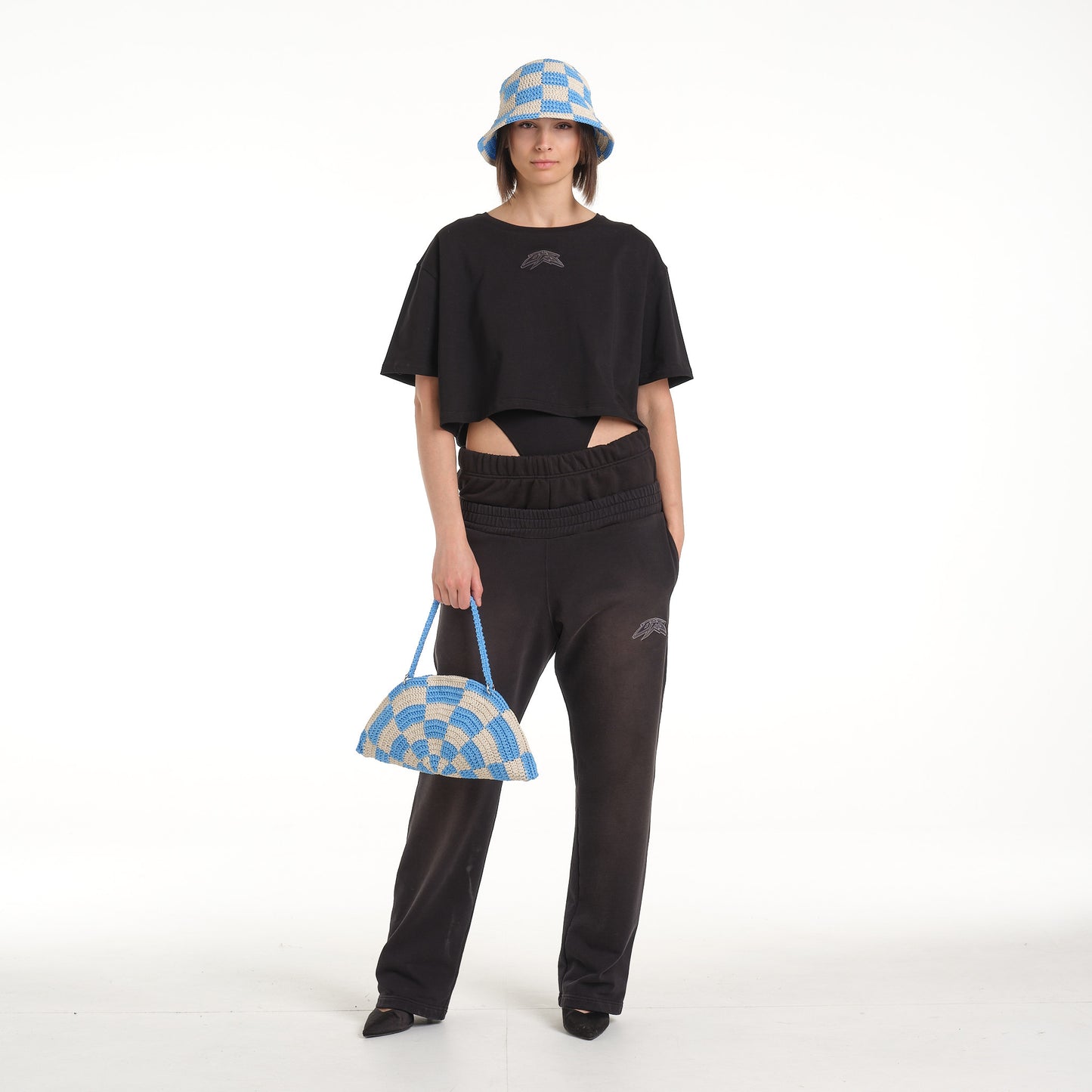 LINED CHECKERED CROCHET BAG LIGHT BLU-CREAM