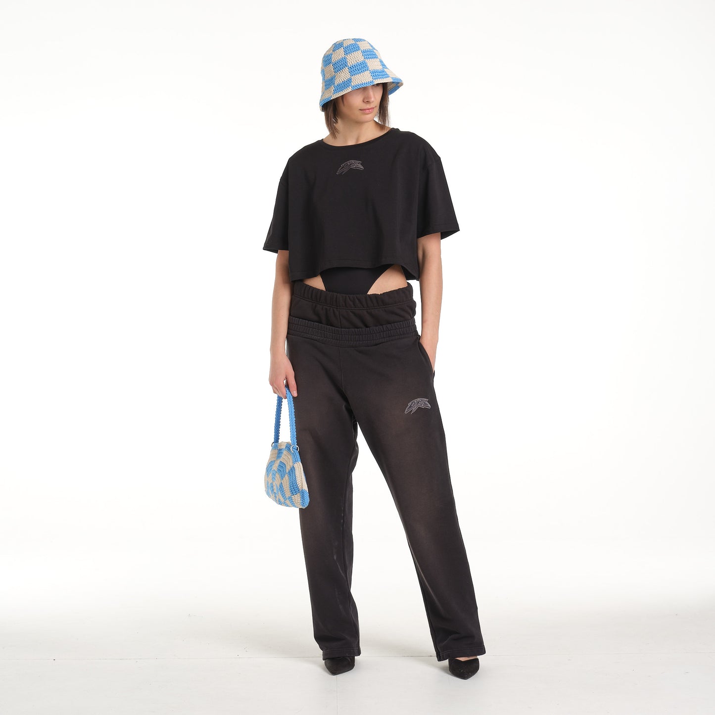 CHECKERED BUCKET HAT CROCHET LIGHT BLU-CREAM
