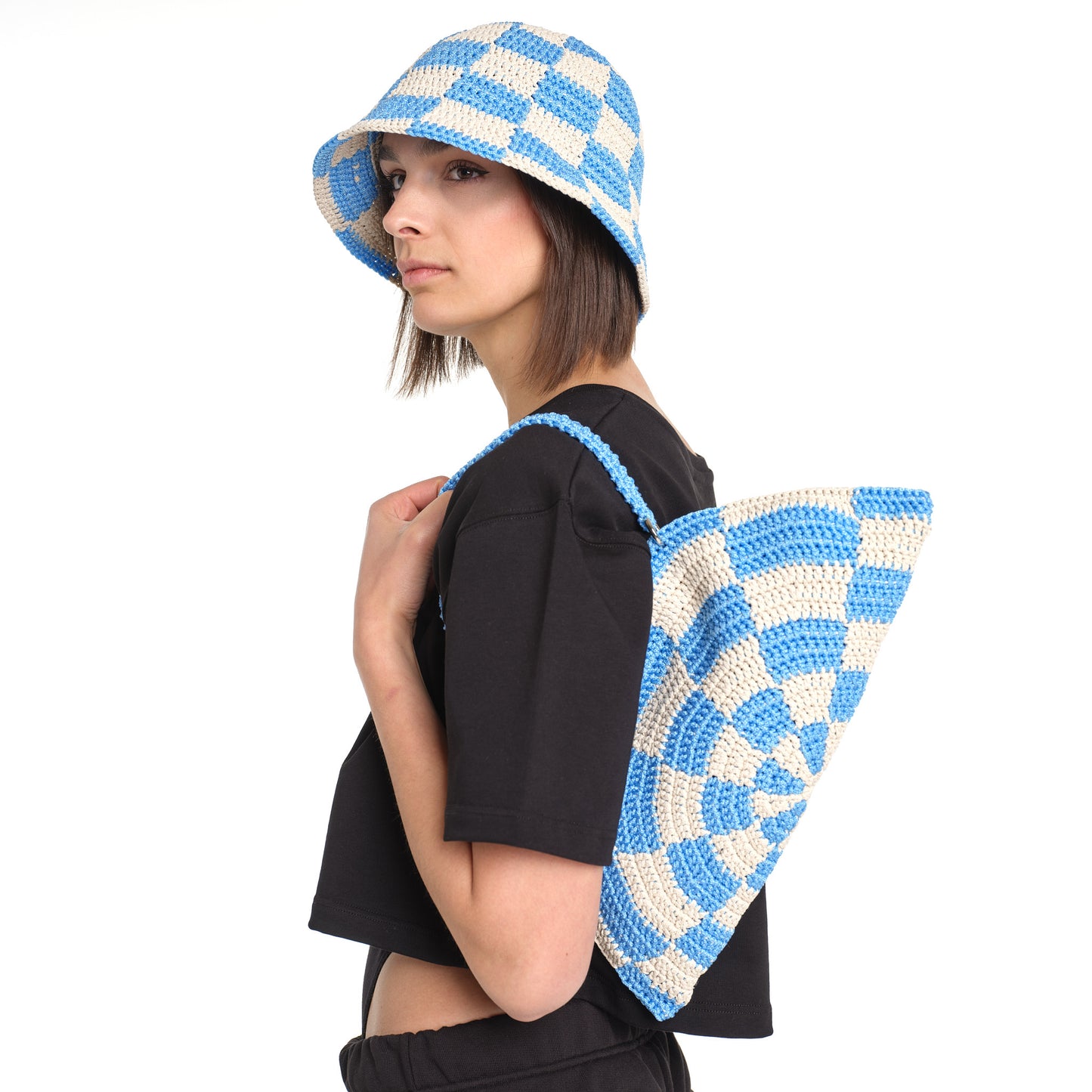 LINED CHECKERED CROCHET BAG LIGHT BLU-CREAM