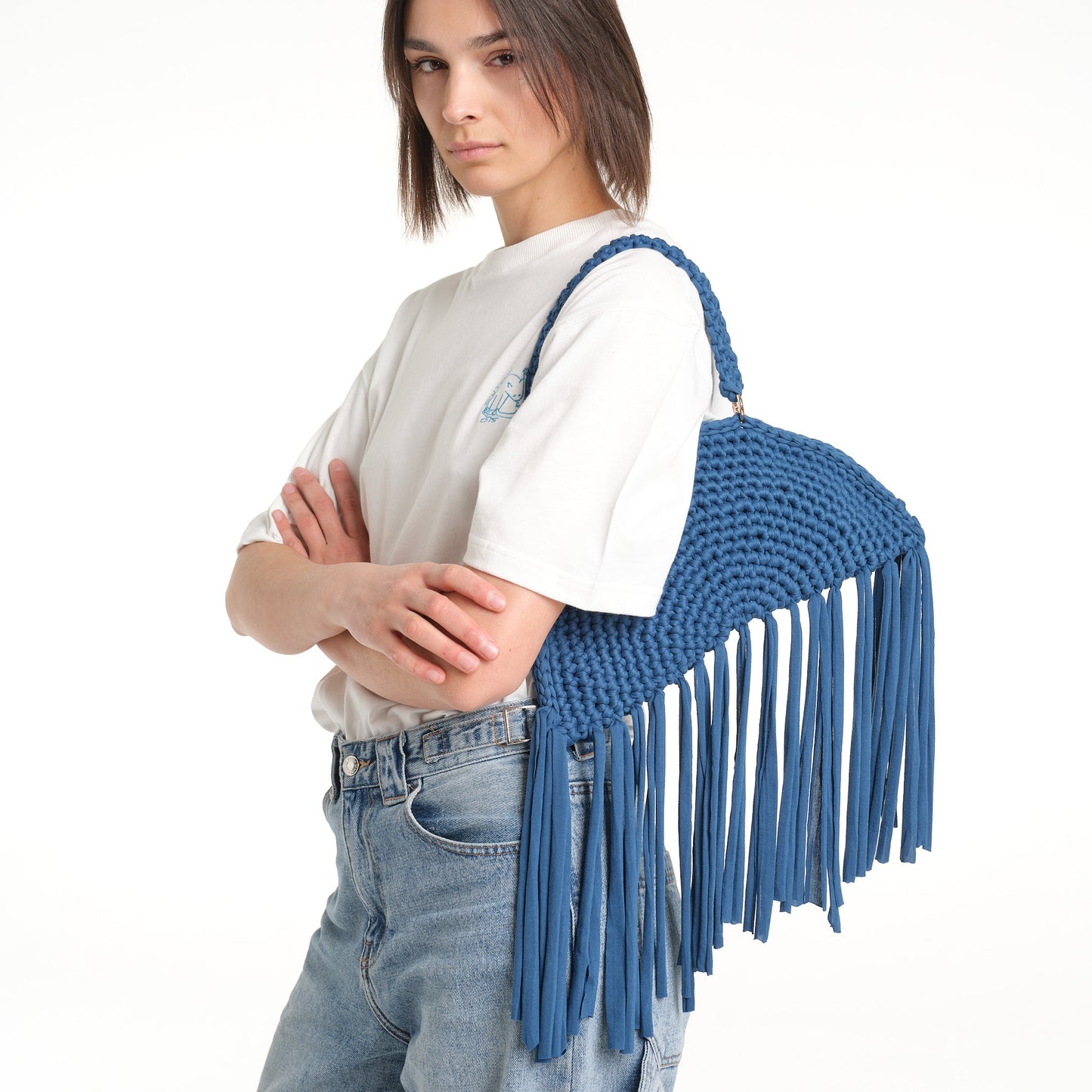 FRINGE CROCHET BAG BLU